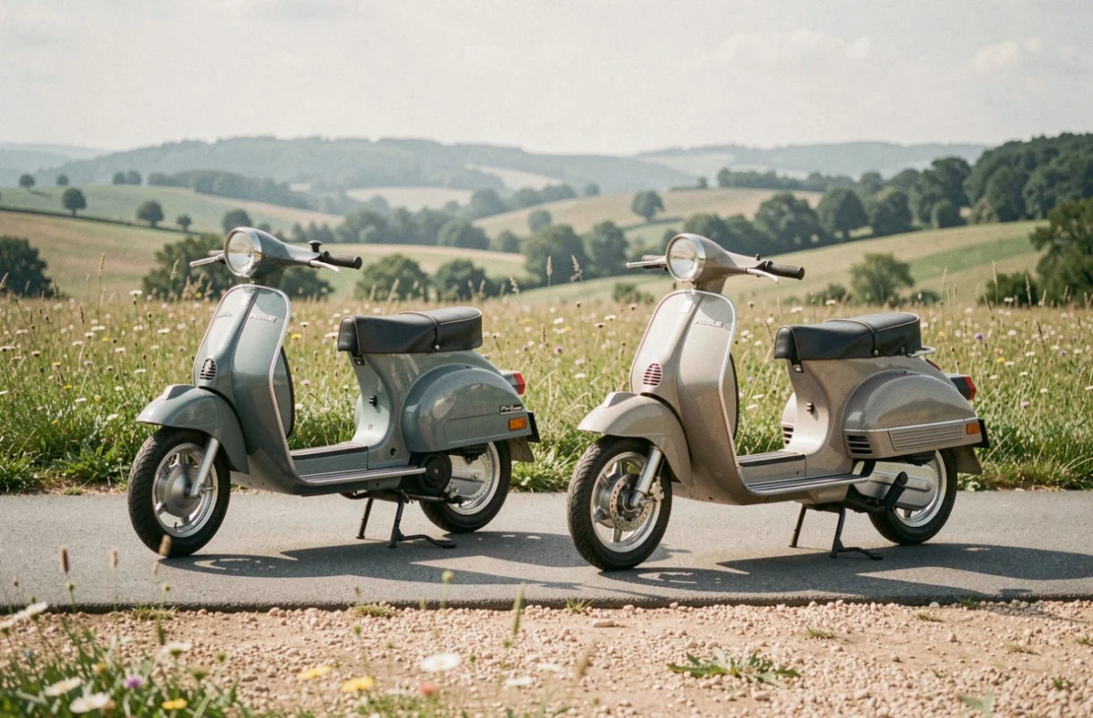 Comparaison côte à côte d'une Mobylette et d'un Peugeot 103 garés sur un chemin de campagne française entouré de prairies fleuries