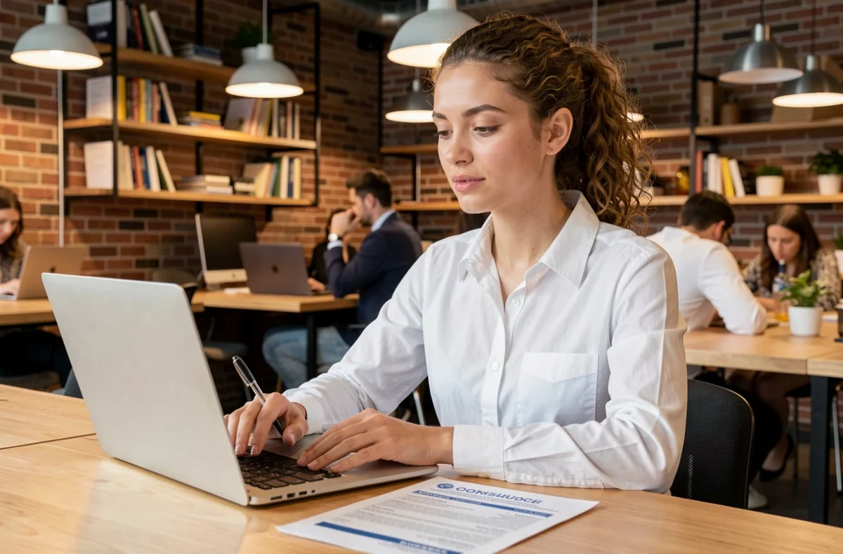 Femme comparant des offres d'assurance voiture dans un espace de coworking