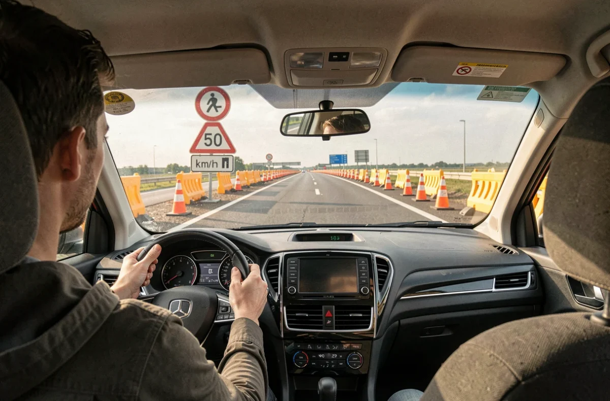 Vue depuis l'habitacle d'un véhicule approchant un panneau de radar et une limitation de vitesse temporaire en zone de travaux sur autoroute