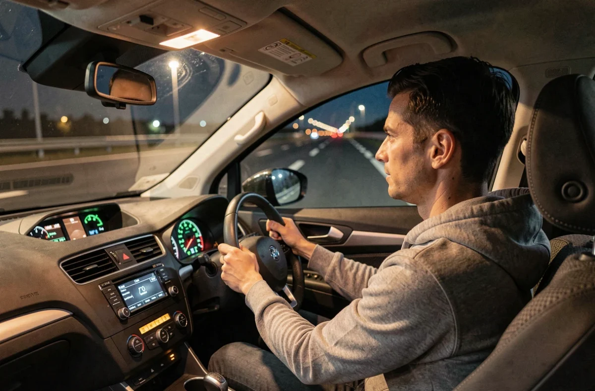 Conducteur au volant d'une voiture sur une autoroute gratuite française pendant un long trajet de nuit