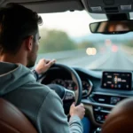Conducteur dans une voiture consultant un écran GPS affichant la conversion de vitesse mph en km/h sur autoroute