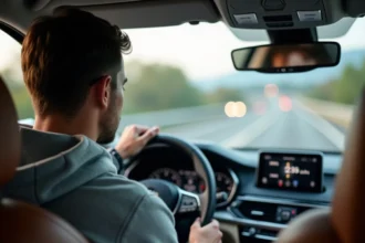 Conducteur dans une voiture consultant un écran GPS affichant la conversion de vitesse mph en km/h sur autoroute