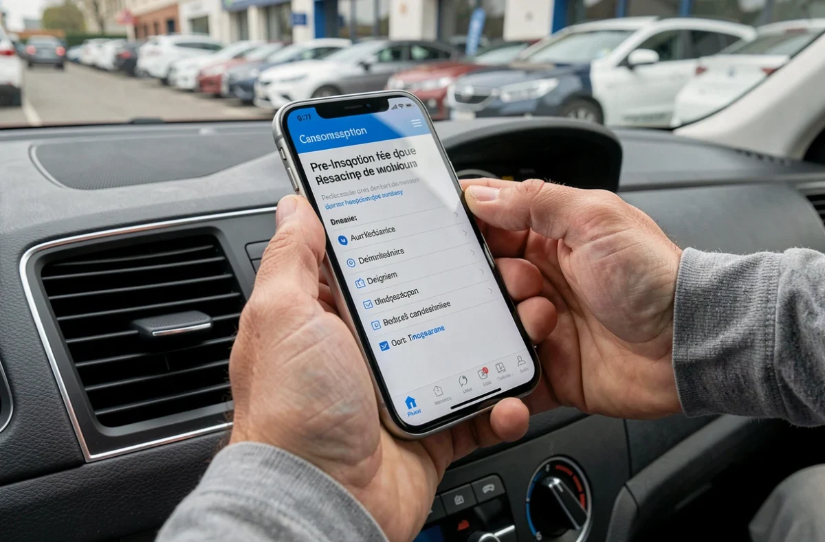 Conducteur consultant un site web de préparation au contrôle technique sur smartphone dans sa voiture