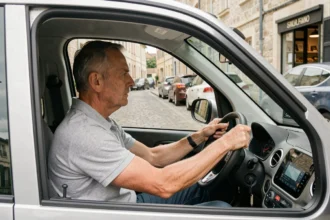 Conducteur adulte au volant d'une voiture sans permis dans une rue pavillonnaire française