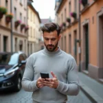 Homme configurant l'application Easy Park sur smartphone dans une rue pavée de Colmar avec architecture alsacienne en arrière-plan