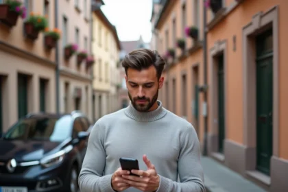 Homme configurant l'application Easy Park sur smartphone dans une rue pavée de Colmar avec architecture alsacienne en arrière-plan