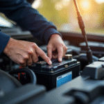 Personne connectant une batterie de voiture sous le capot en plein jour