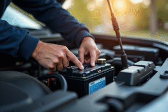 Personne connectant une batterie de voiture sous le capot en plein jour