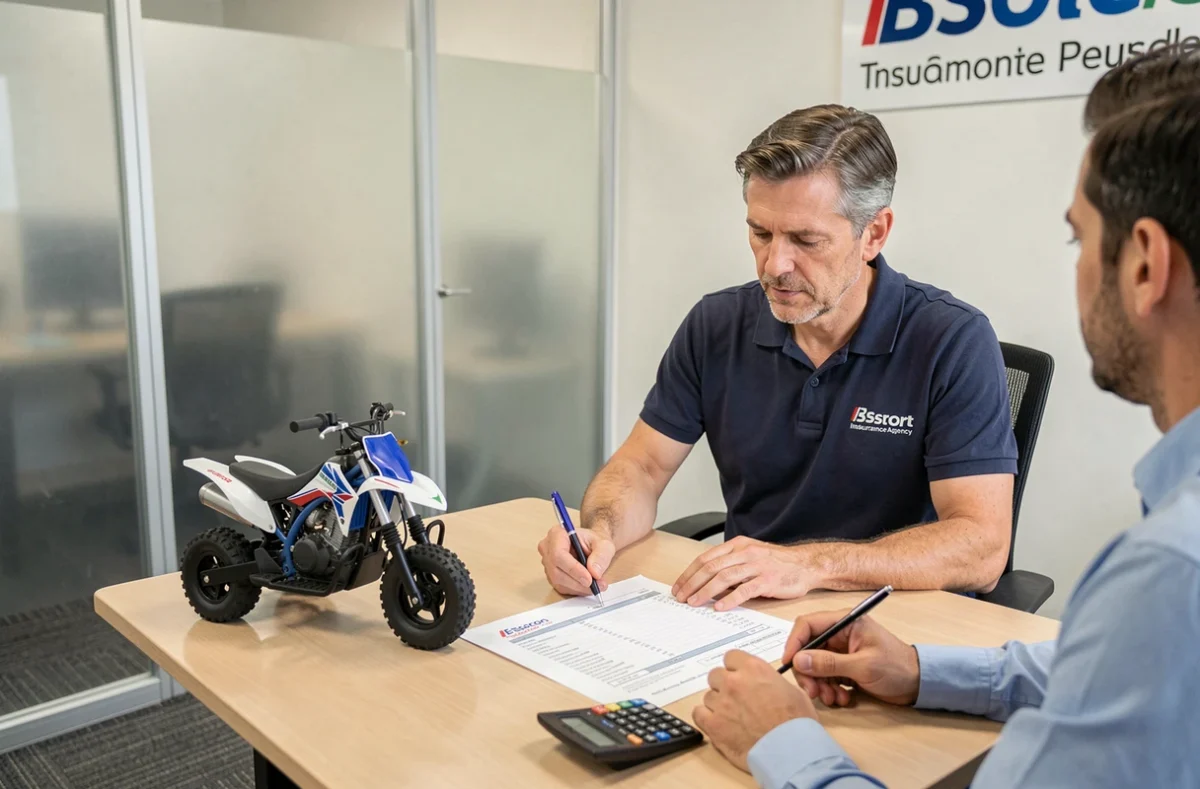 Conseiller en assurance expliquant un devis pour un quad non homologué à un client en agence