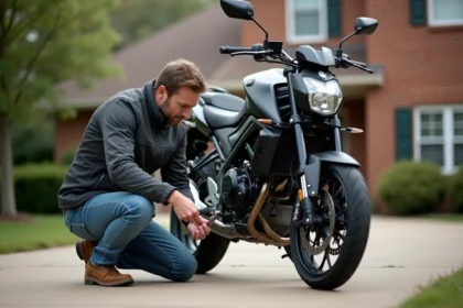 Homme vérifiant la chaîne d'une moto dans une cour résidentielle