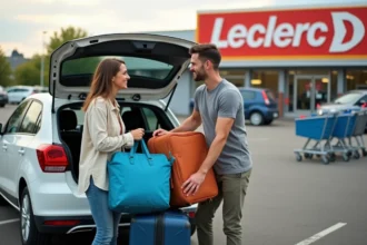 Couple chargeant des bagages dans un coffre de voiture de location Leclerc dans un parking de supermarché en France