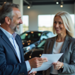 Couple souriant discutant avec un professionnel dans un showroom moderne