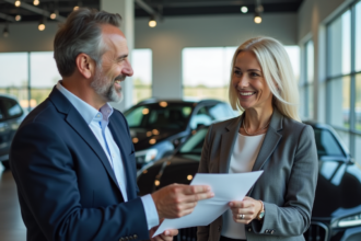 Couple souriant discutant avec un professionnel dans un showroom moderne