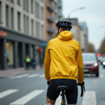 Cycliste urbain en jaune à un feu rouge dans la ville