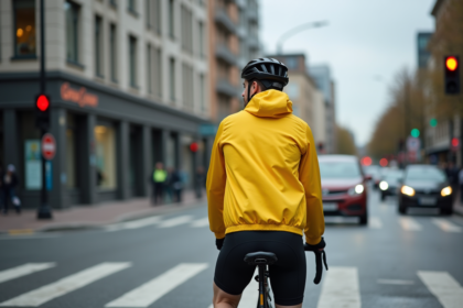 Cycliste urbain en jaune à un feu rouge dans la ville