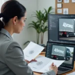 Designer graphique sélectionnant le bon format de fichier logo DAF sur son ordinateur dans un bureau moderne