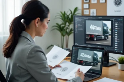 Designer graphique sélectionnant le bon format de fichier logo DAF sur son ordinateur dans un bureau moderne