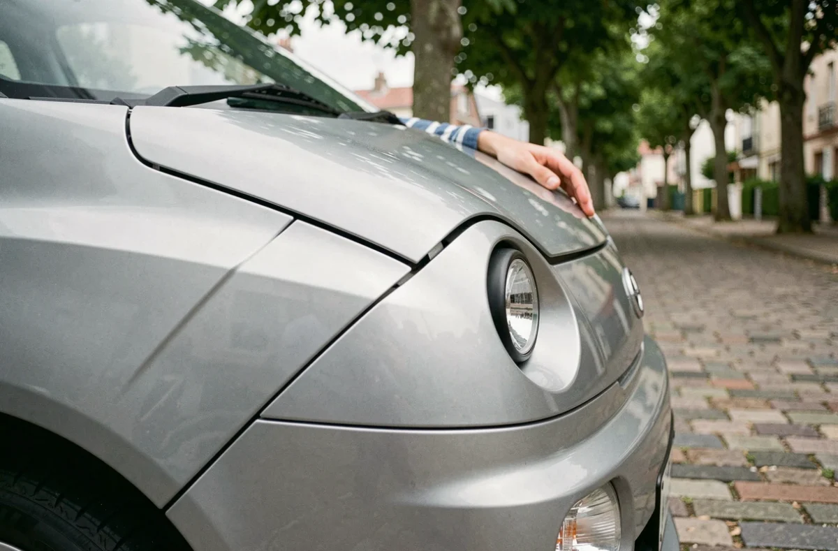Détail de la carrosserie d'une voiturette sans permis inspirée du style JDM dans une rue résidentielle française