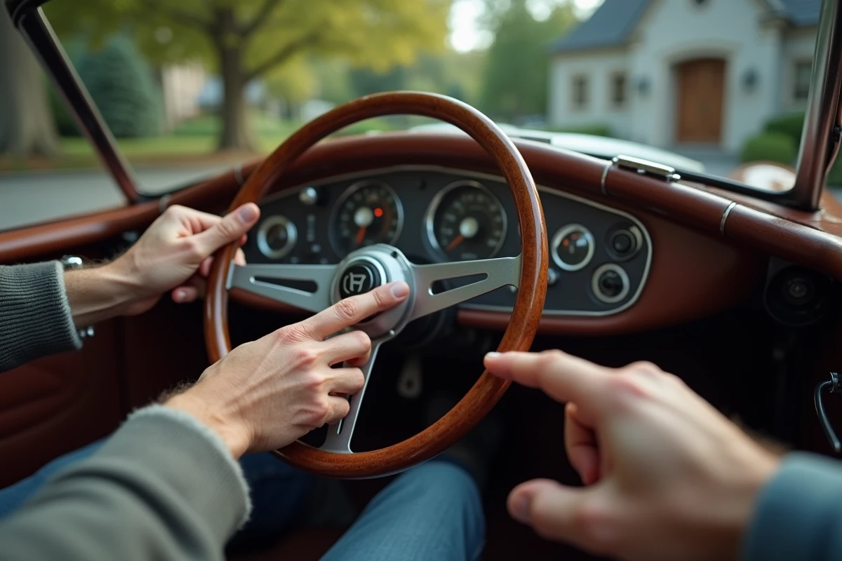 Gros plan sur les mains d'un vendeur et d'un acheteur autour du volant d'une Cobra lors d'une inspection avant achat