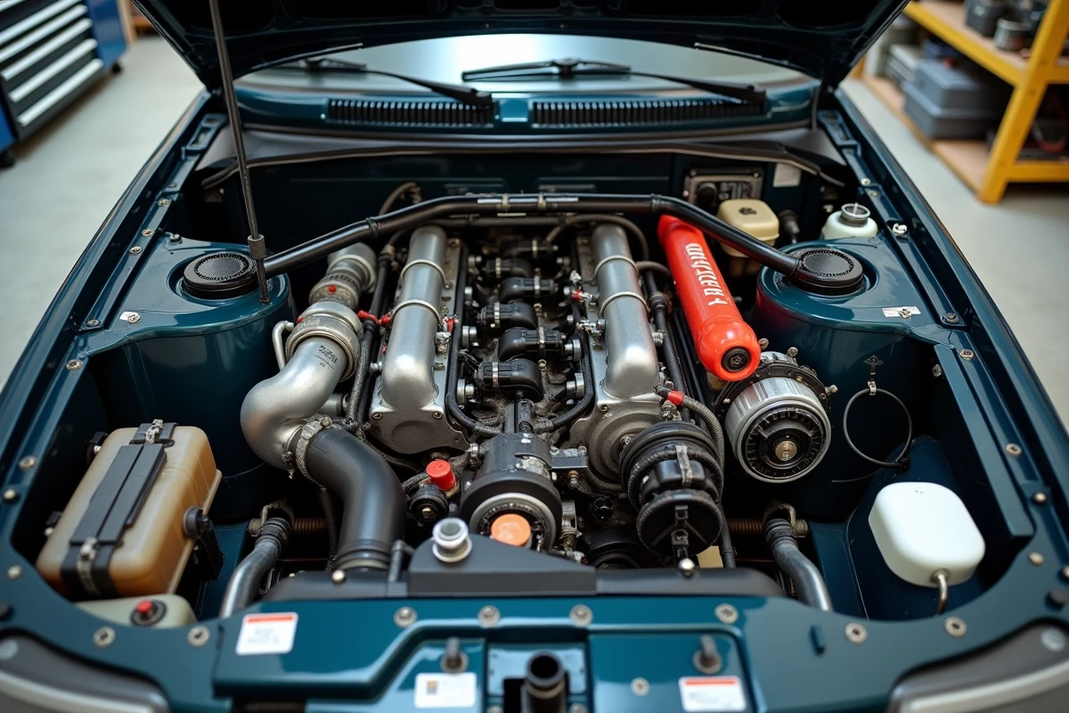 Détails de l'habitacle avec arceau de sécurité et du compartiment moteur d'une Peugeot 306 Maxi en atelier de restauration
