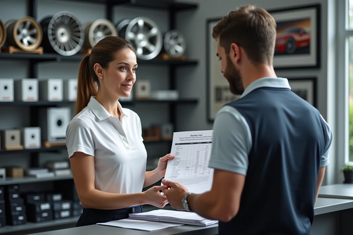 Propriétaire de garage expliquant un devis de covering jantes à un client dans un atelier de personnalisation automobile
