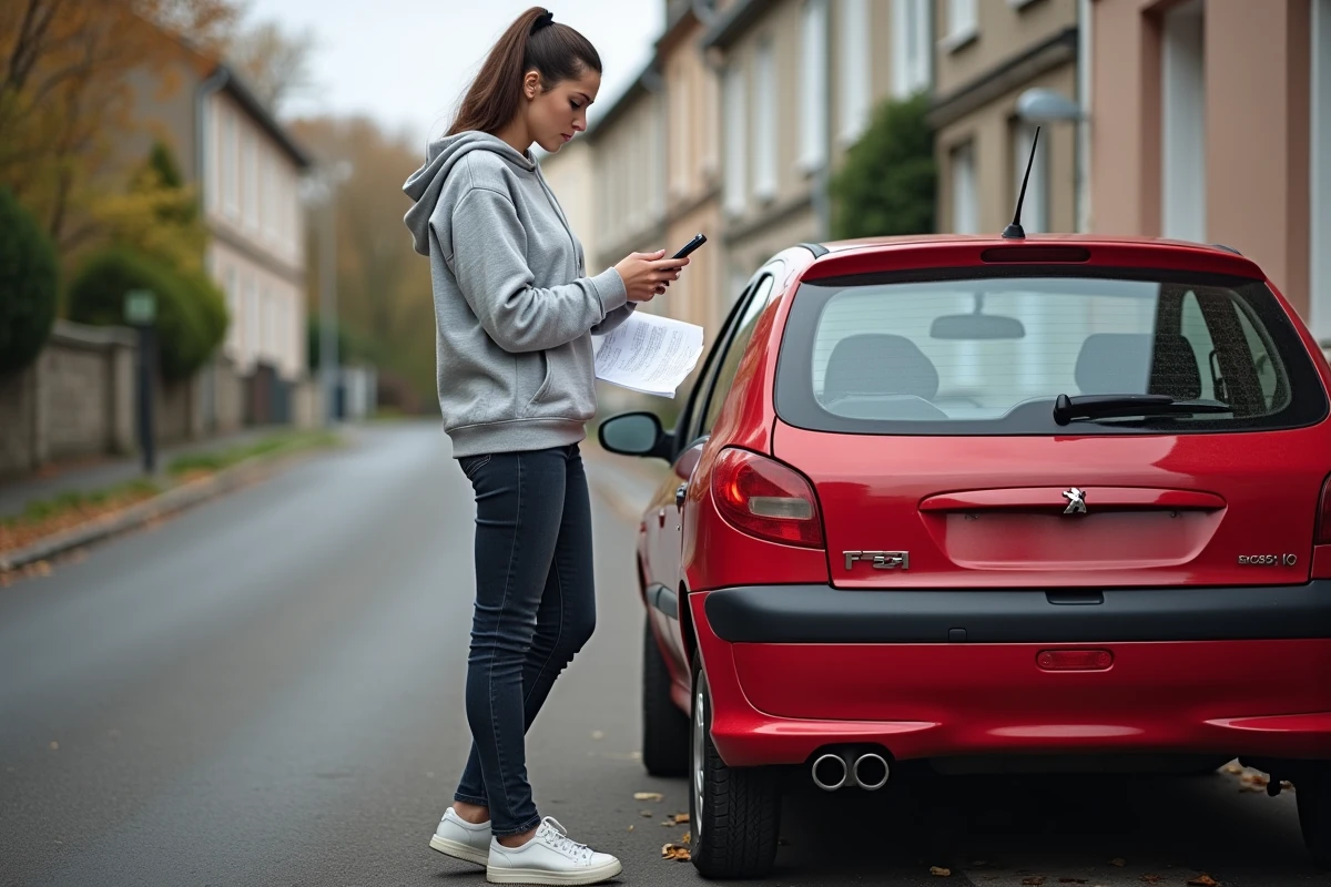 Femme consultant un devis de réparation de train arrière à côté de sa Peugeot 206 dans une rue résidentielle
