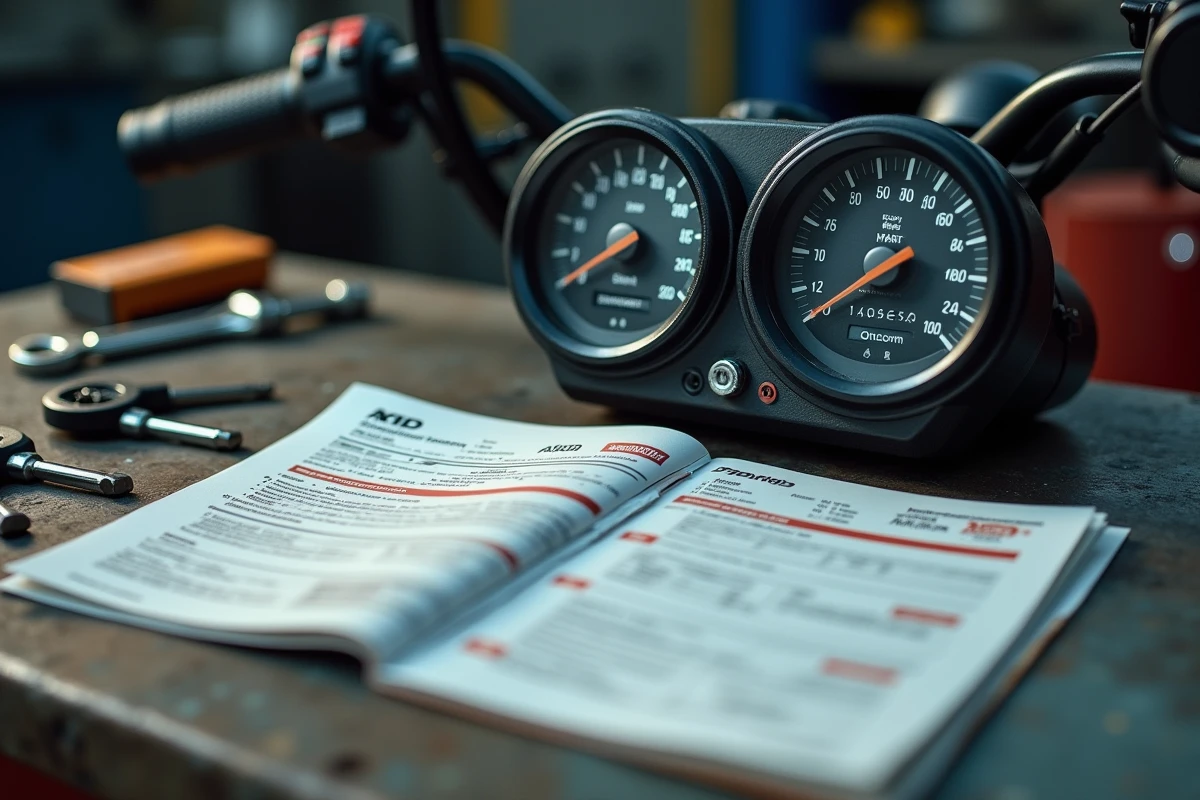 Documents d'immatriculation moto et carnet de contrôle technique posés sur un établi de garage