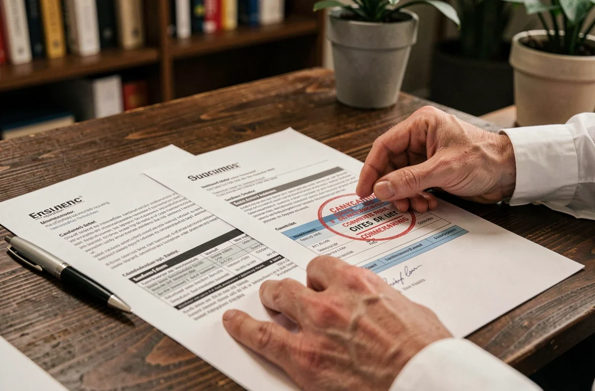 Gros plan sur des documents d'assurance auto et une lettre de résiliation sur un bureau avec comparatif de tarifs