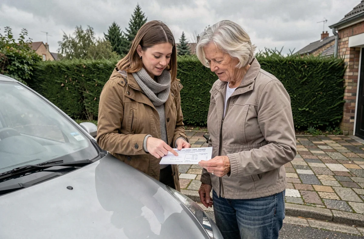 Mère et fille examinant la carte grise lors d'un don de véhicule en famille devant une voiture