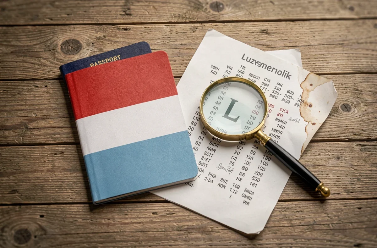 Vue à plat du drapeau luxembourgeois, d'un passeport et d'une feuille de codes pays européens avec la lettre L mise en évidence