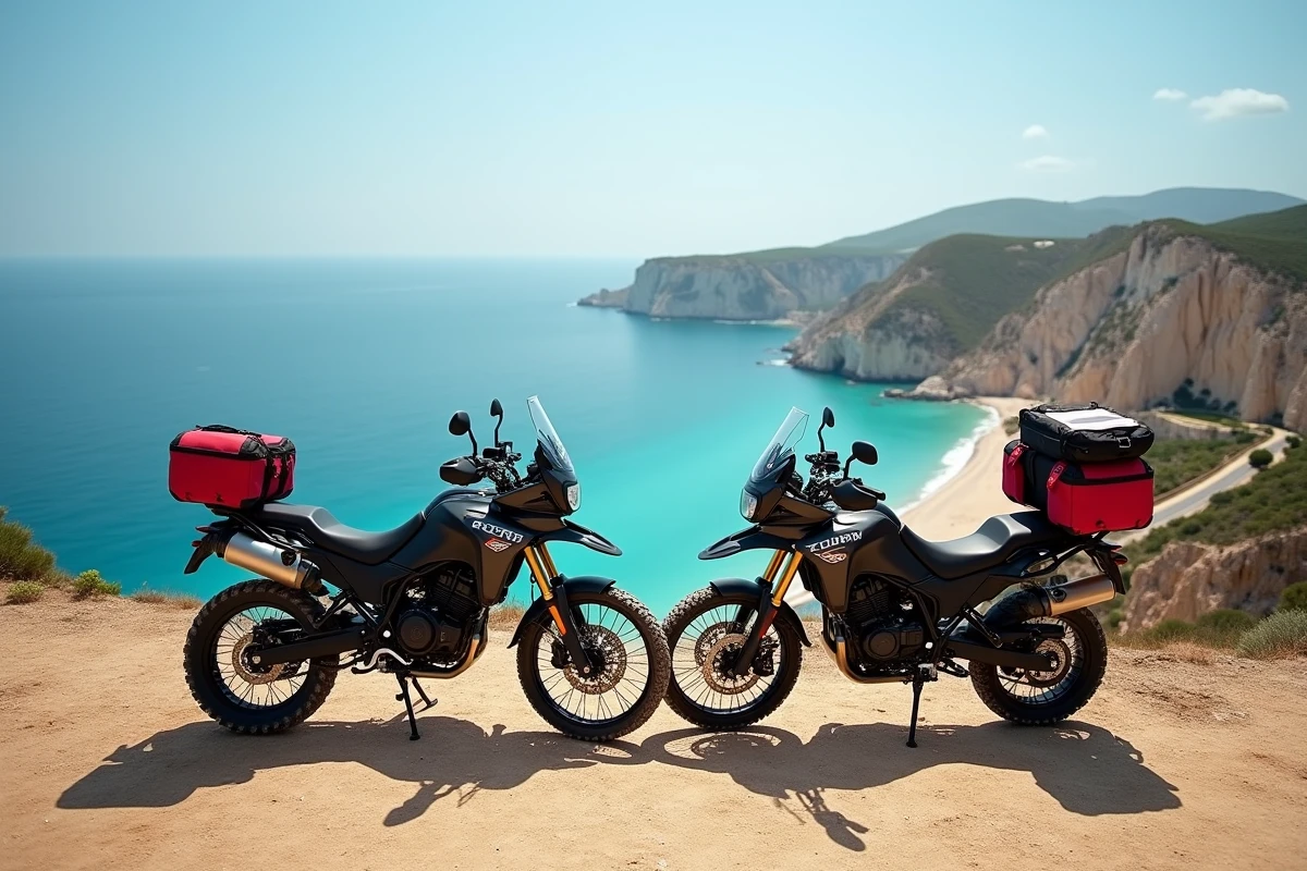 Deux motos trail mid-size garées sur un belvédère côtier méditerranéen avec bagages légers pour un voyage en duo