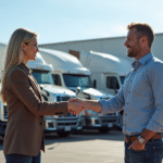 Homme et femme se serrant la main devant un concessionnaire de camions d'occasion