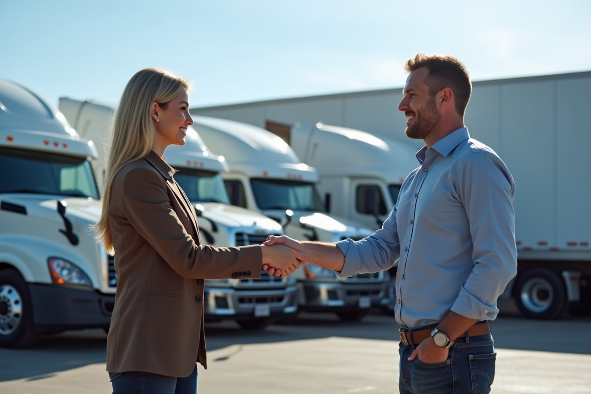 Homme et femme se serrant la main devant un concessionnaire de camions d'occasion