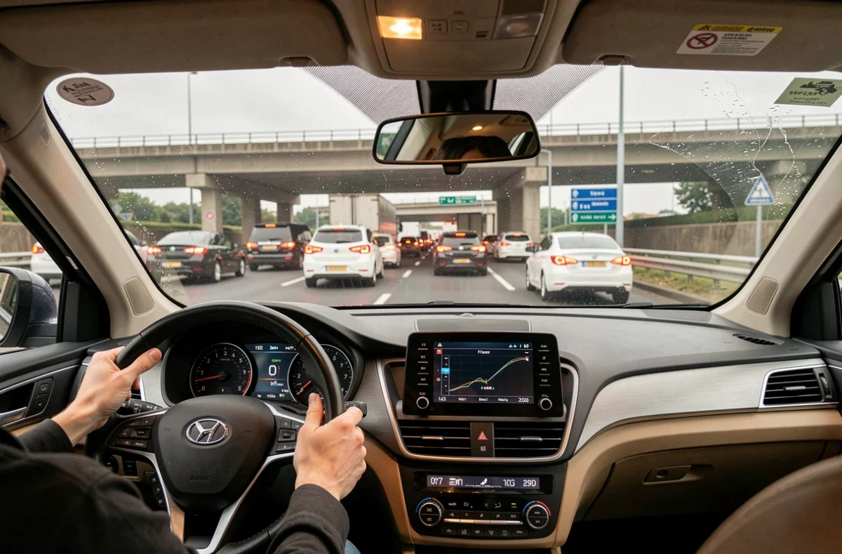 Vue depuis l'habitacle d'une voiture bloquée dans les embouteillages sur un grand axe de Caen, feux de stop des véhicules devant et structure du viaduc visible au loin