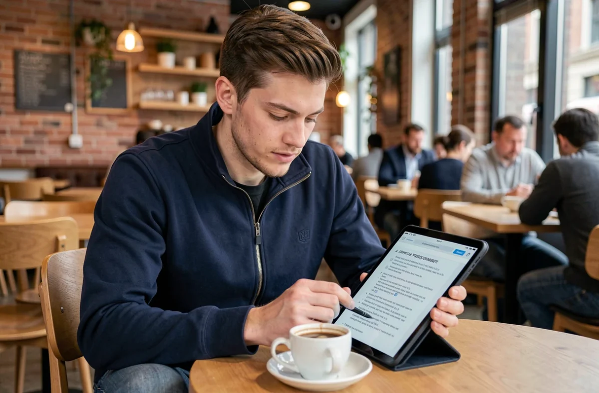 Jeune homme consultant un PDF de questions de permis de conduire sur tablette dans un café