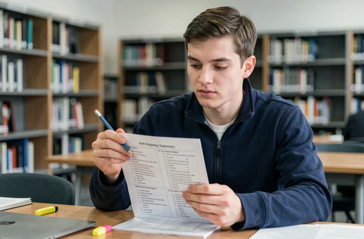 Jeune homme étudiant les questions du permis de conduire 2026 avec une fiche imprimée en bibliothèque