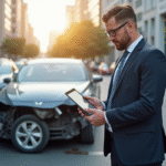 Expert assurance voiture professionnel examine une voiture endommagée en ville