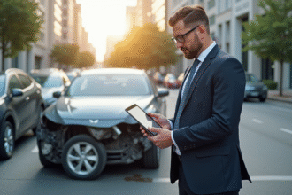 Expert assurance voiture professionnel examine une voiture endommagée en ville