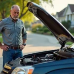 Expert automobile homme examinant une Aztek sur une allée résidentielle