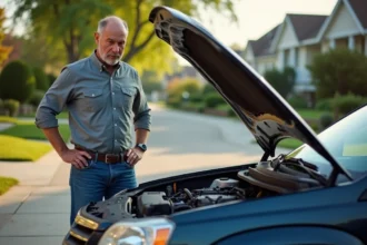 Expert automobile homme examinant une Aztek sur une allée résidentielle