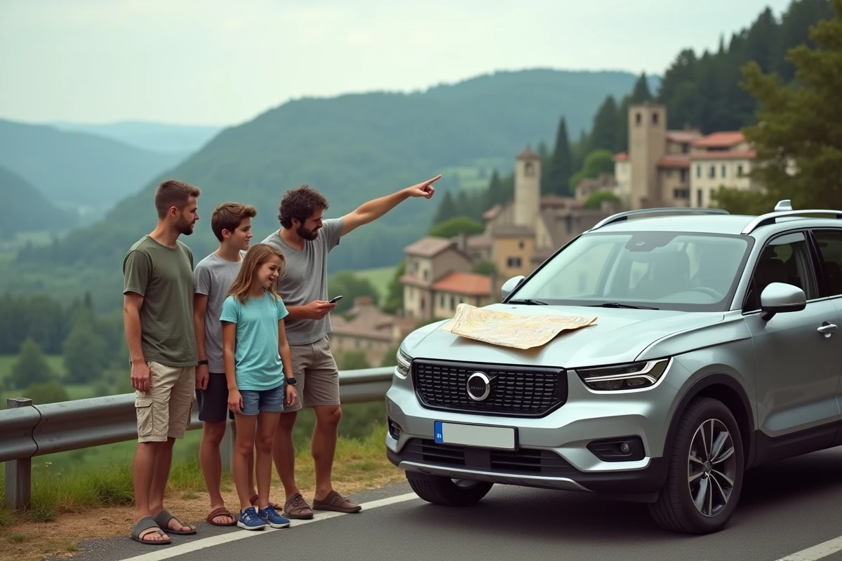 Famille en road trip en France s'arrêtant à un belvédère à côté de leur SUV de location pour consulter une carte routière