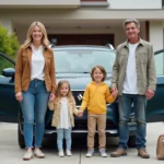 Famille souriante devant leur voiture dans le jardin