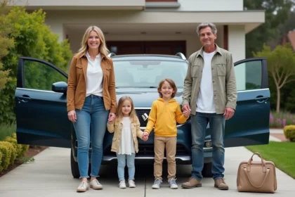 Famille souriante devant leur voiture dans le jardin