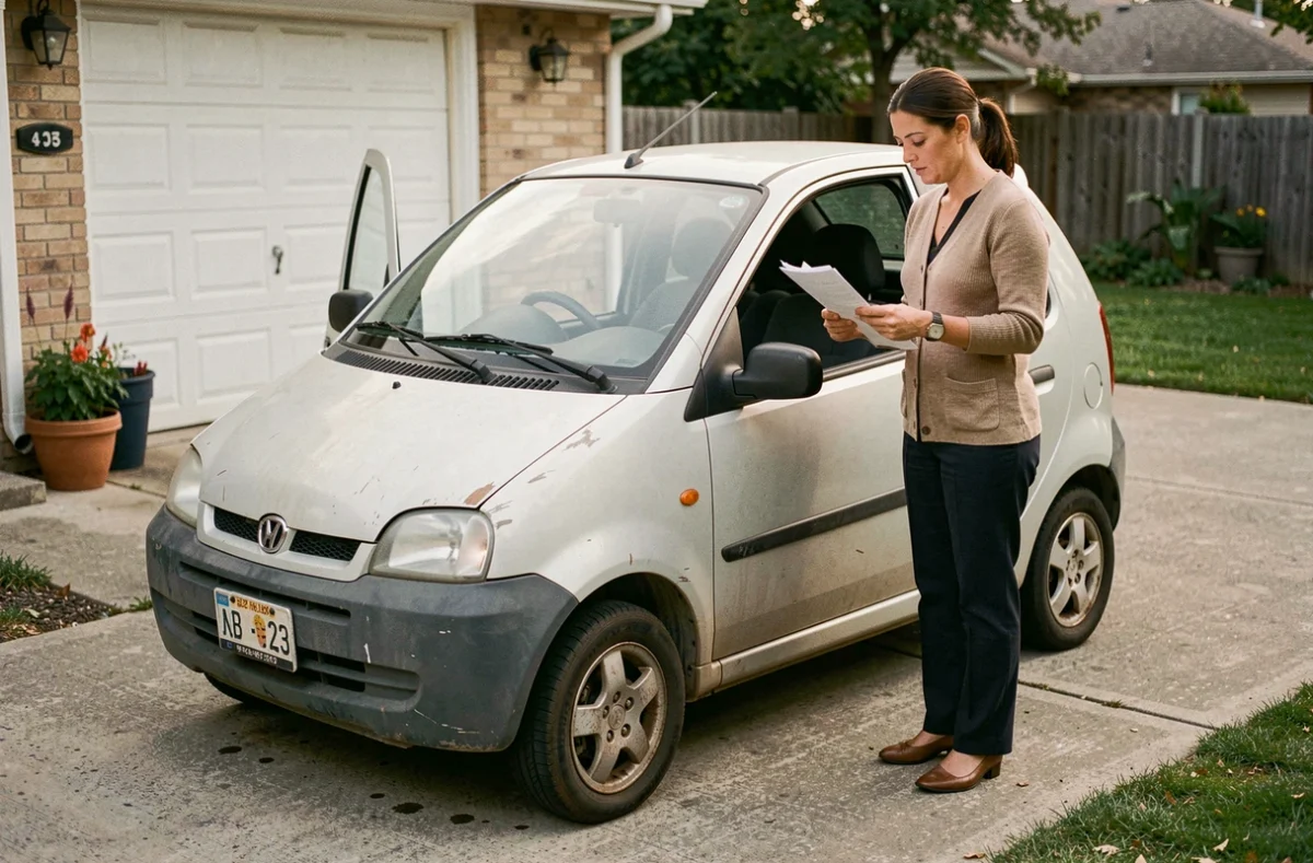 Femme consultant les documents d'une voiture sans permis d'occasion dans une allée privée