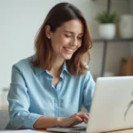 Femme utilisant un ordinateur portable pour souscrire à une assurance auto en ligne avec Victor by Direct Assurance