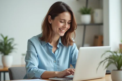 Femme utilisant un ordinateur portable pour souscrire à une assurance auto en ligne avec Victor by Direct Assurance