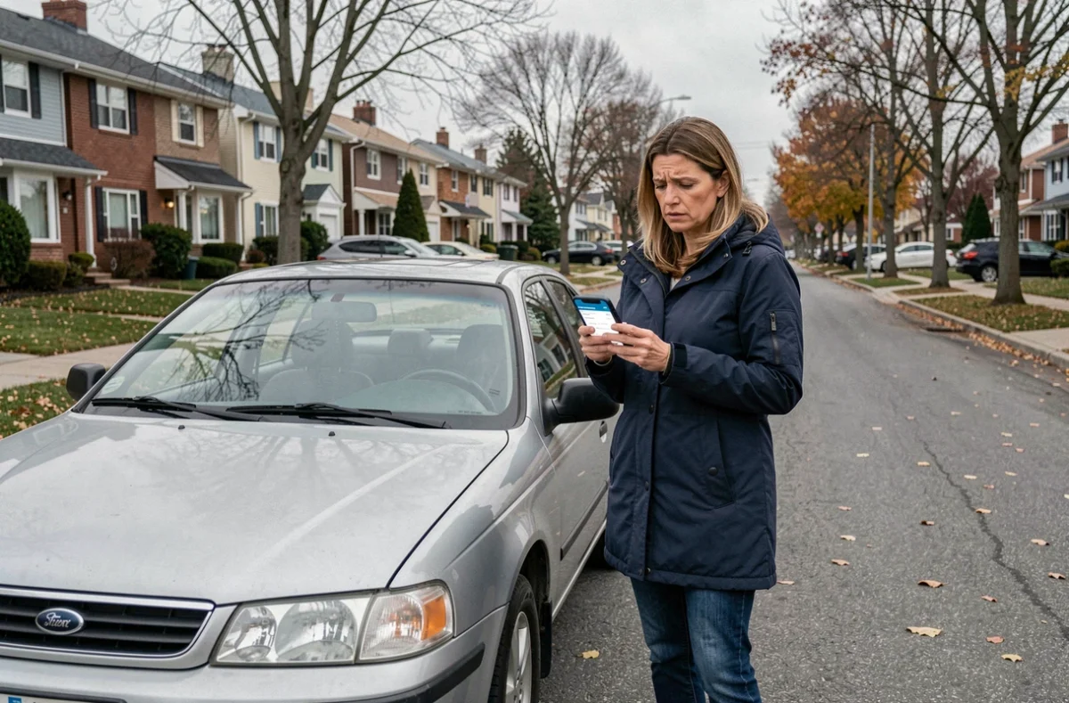 Femme cherchant une assurance auto pas chère sur smartphone après résiliation de contrat, debout près de sa voiture