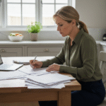 Femme d'âge moyen examinant documents d'assurance auto à la maison