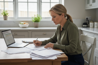 Femme d'âge moyen examinant documents d'assurance auto à la maison