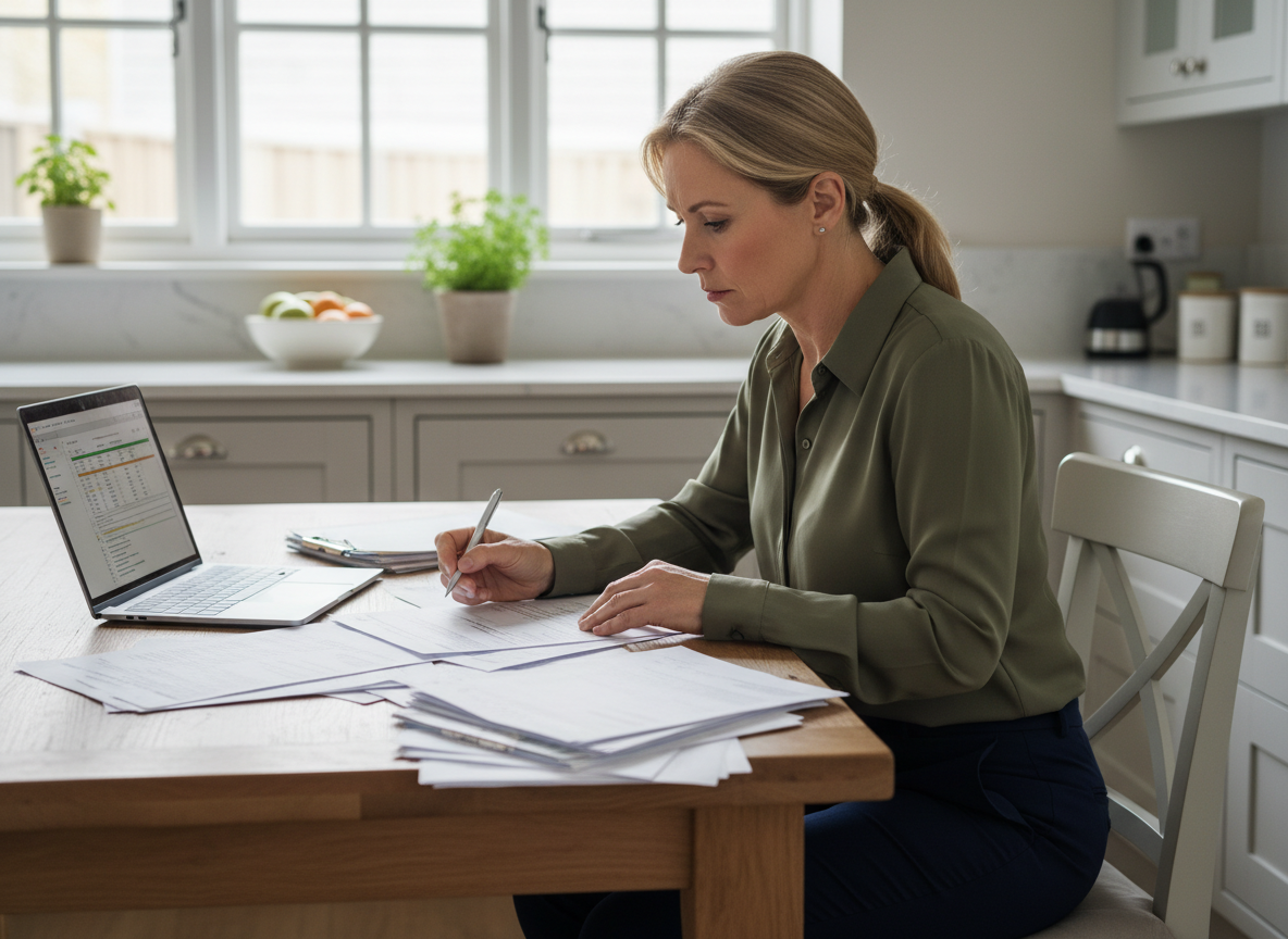 Femme d'âge moyen examinant documents d'assurance auto à la maison